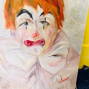 Sad  Expressive Clown Painting in Orange and Red original painting.